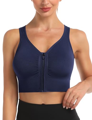 Migcaput Damen Sport BH Reißverschluss Vorne, Sportbh Damen Gepolstert Push Up BHS Starker Halt Sports Bra Top Damen-BHS Ohne Bügel für Gym Fitness Yoga Running Marineblau M von Migcaput