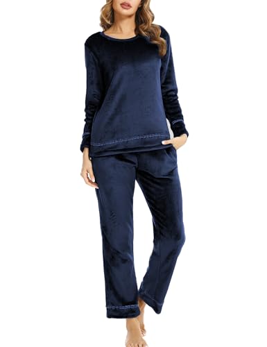 Migcaput Schlafanzug Damen Winter Thermo Pyjama Lang Fleece Hausanzug Nachtwäsche Zweiteiliger Flanell Freizeitanzug Set mit Tasche Navy blau L von Migcaput