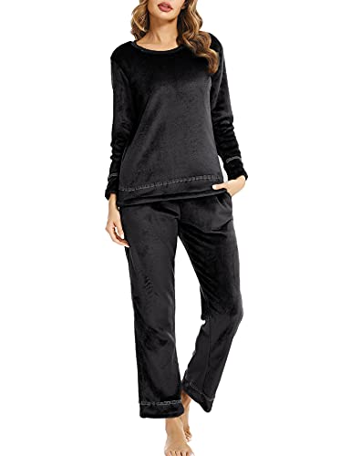 Migcaput Schlafanzug Damen Lang Fleece Pyjama Set Warm Hausanzug Winter Flauschig Nachtwäsche Loungewear Freizeitanzug mit Tasche Schwarz XXL von Migcaput