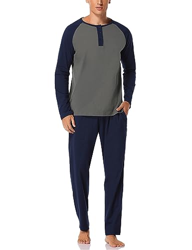 Migcaput Schlafanzug Herren Loungewear Lang Baumwolle Pyjama Langarm Shirt mit Tasche Pyjamahose Zweiteilig Set für Männer mit Knopfleiste Dunkelgrau XL von Migcaput