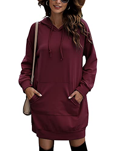 Migcaput Hoodie Damen Langarm Kapuzenpullover Dünn Langarm Sweatshirt Einfarbig Kleid Langarmshirt Oversize mit Kapuze Weinrot S von Migcaput