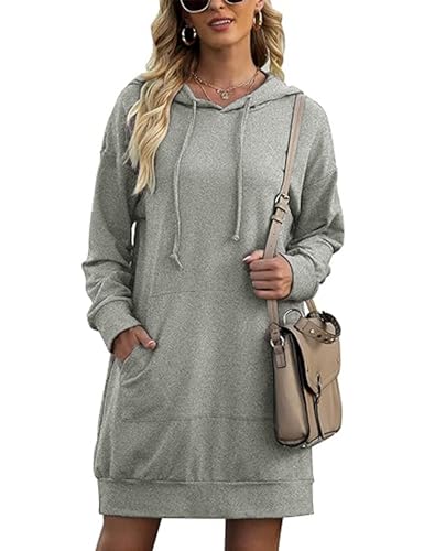 Migcaput Hoodie Damen Langarm Kleid Sweatkleid Kapuzenpullover Oversize Sweatshirts Casual Minikleid für Damen mit Taschen Dunkelgrau L von Migcaput