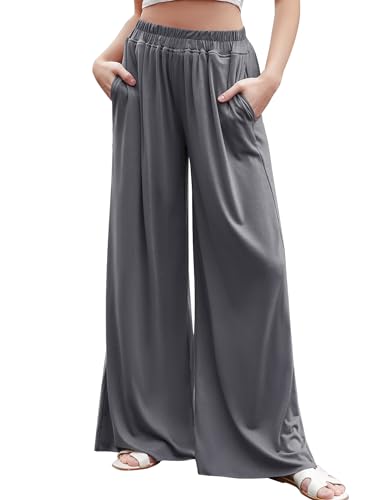 Migcaput Weite Hose Damen Damenhose Weites Bein Wide Leg Pants Women Palazzo Hose Damen Elegant Pants Leicht Baumwolle High Waist Casual Jogginghose Elastisch Sommerhose mit Taschen Grau XXL von Migcaput