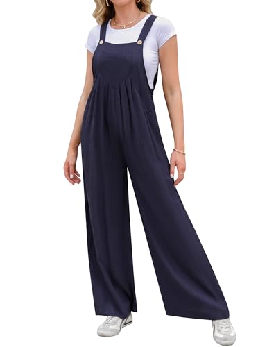 Migcaput Latzhose Jumpsuit Damen Sommer Lang lässige Übergröße Baumwolle Einfarbig Overall Elegant Playsuit mit Große Navy blau M von Migcaput