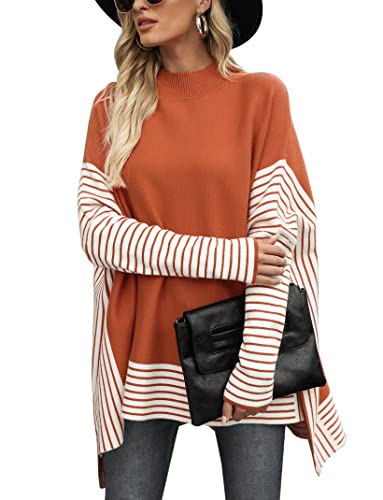 Migcaput Damen Pullover Oversized Langarm Rundhals Fledermausärmel 2023 Herbst Rippstrick Jumper Seitenschlitz Strickpullover Orange XL von Migcaput