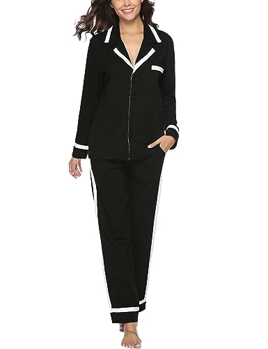 Migcaput Schlafanzug Damen Lang Pyjamas 100% Baumwolle Pyjama Damen Zweiteiliger Nachtwäsche Lounge Set Langarm Sleepwear Hausanzug für Frauen Schwarz L von Migcaput