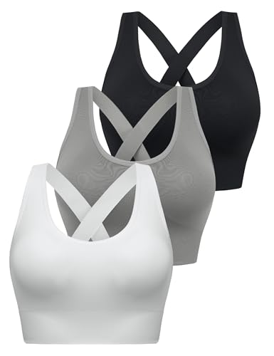 Migcaput Sport Set Damen 1/3er Set Sport BH Einfarbig Ohne Bügel Bustier Klassische Bequem Stretch Bra Mittle Halt Gepolstert Wohlfühl-BH Sport BH Set Schwarz+Weiß+Grau L von Migcaput