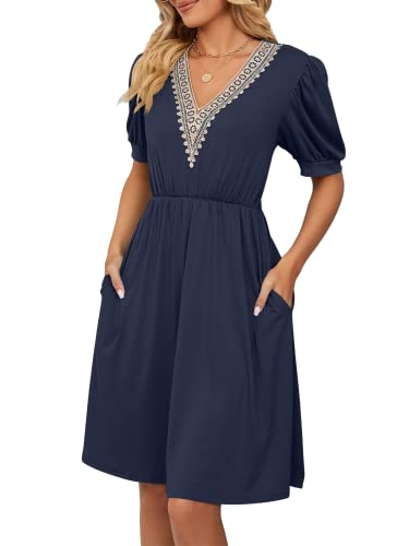 Sommerkleid Damen Knielang Freizeitkleid Kurzarm Tunika V-Ausschnitt Party Kleid A-Linie Swing Strandkleid Mit Taschen NB S von Migcaput