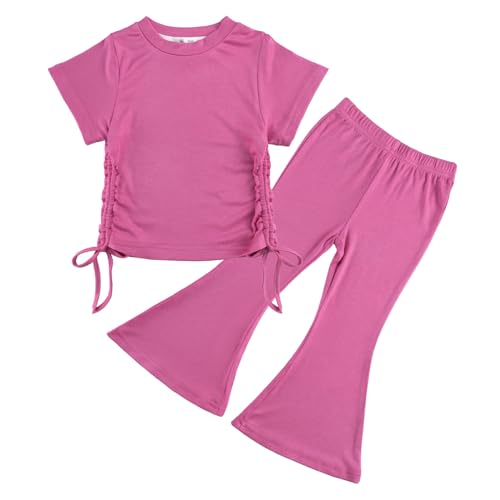 Miipat Baby Mädchen Bekleidungssets Kurzarm Top mit Hose Set 2 teilig Kleinkind Mädchen Sommer Kleidung Weiche Freizeitoutfits für Mädchen Rosa 120 4-5 Jahre von Miipat