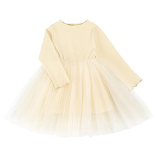 Miipat Baby Mädchen Kleid Langarm Tüll Mädchen Prinzessin Kleid Herbst Winter Kleinkind Strick Gerippte Pullover Kleider Beige 90 12-18M von Miipat