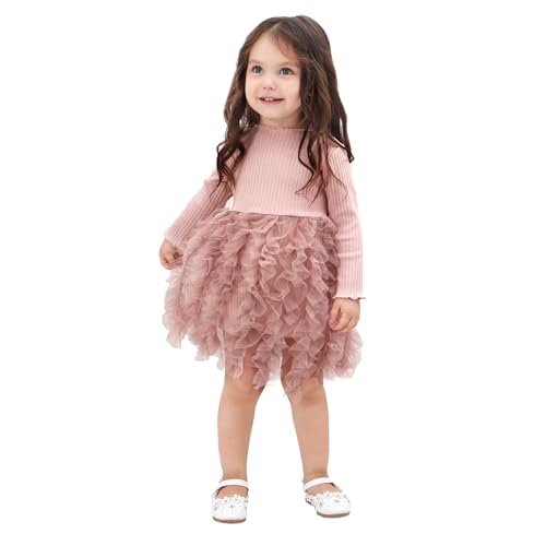 Miipat Baby Mädchen Kleid Langarm Tüll Mädchen Prinzessin Kleid Herbst Winter Kleinkind Strick Gerippte Pullover Kleider Rosa 73 3-6M von Miipat