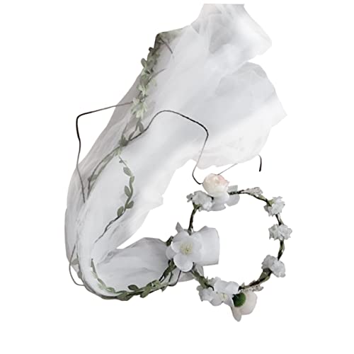Mikinona Floraler Kronenschleier Kranz Schleier Hochzeit Haarschmuck Stirnband Blumen Weiß Braut von Mikinona