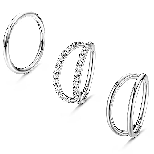 Milacolato 3PCS 16G Edelstahl Nasenpiercing Ring Hoop für Damen Septum Clicker Nasen Ringe CZ Scharnier Segment Lippen Nasenring Helix Knorpel Daith Tragus Ohrringe Körper Piercing Schmuck von Milacolato