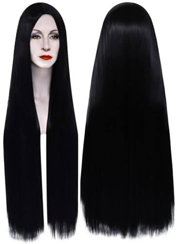 Perücke Damen 100cm Extra Lang Perücke Schwarz for Morticia Addams Kostüm Perücke Natürliche Perücke Schwarz Lang für Halloween Fasching Karneval DE101BK von Mildiso