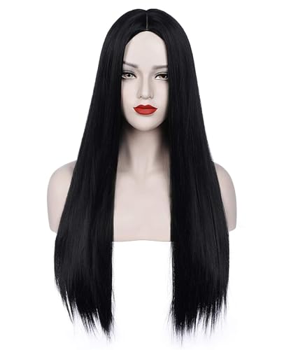 Schwarze Perücke für Morticia Addams Kostüm Damen Lange Glatt Haar Natürliche Synthetische Perücken für Tägliche Party Cosplay mit Perückennetz 076 von Mildiso