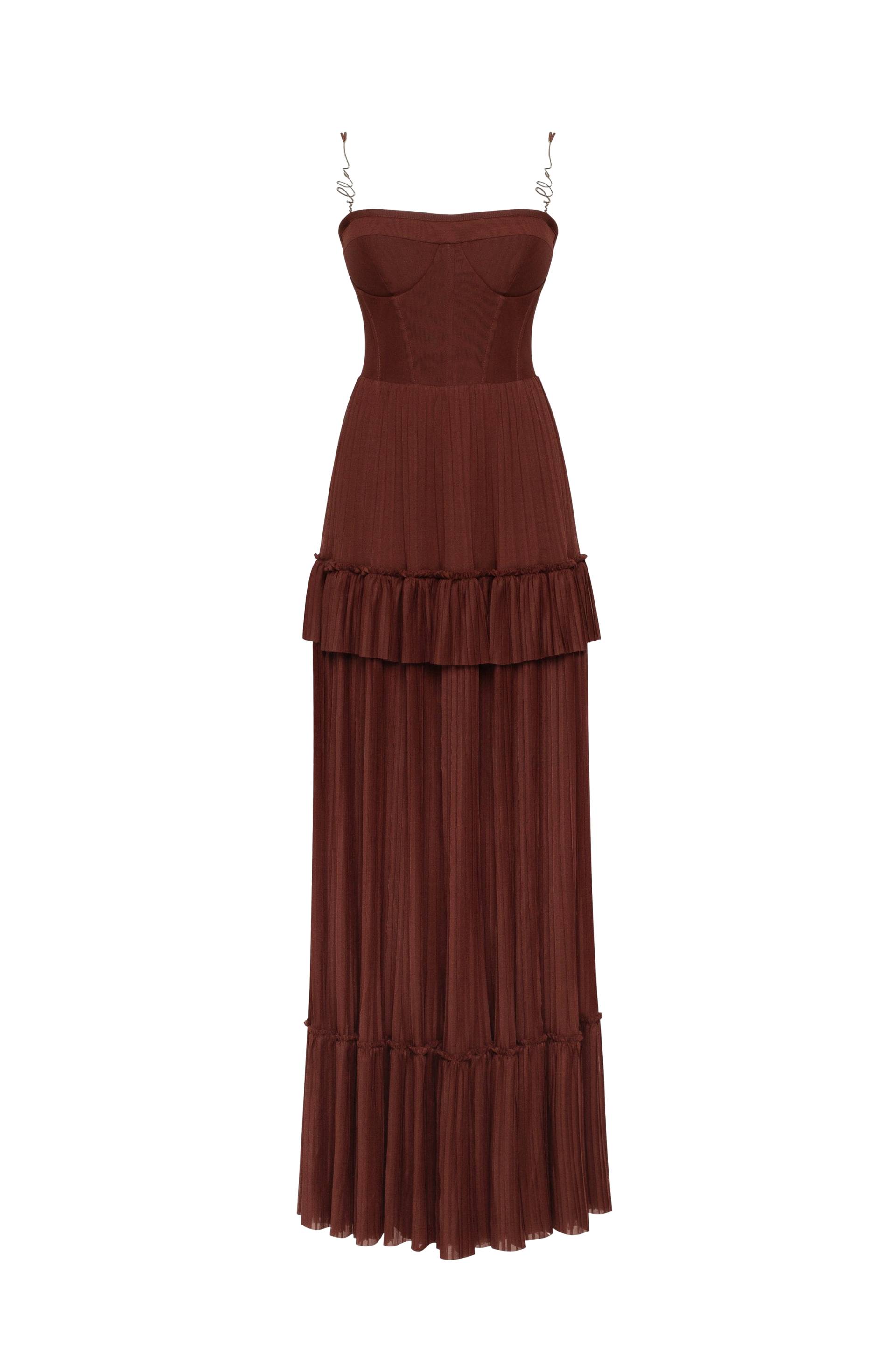 Chocolate spaghetti strap pleated maxi dress, Garden of Eden von Milla