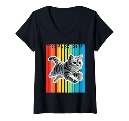Damen Amerikanische Kurzhaarkatze bunt T-Shirt mit V-Ausschnitt Damen Amerikanische Kurzhaarkatze bunt T-Shirt mit V-Ausschnitt von Miller Sye