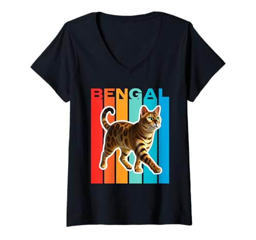 Damen Bengalkatze, bunt T-Shirt mit V-Ausschnitt Damen Bengalkatze, bunt T-Shirt mit V-Ausschnitt von Miller Sye