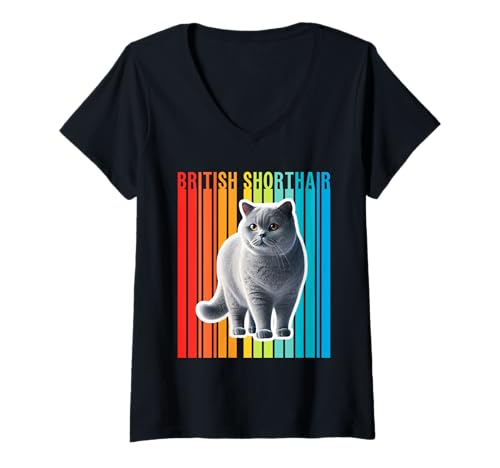 Damen Britische Kurzhaar-Katze, bunt T-Shirt mit V-Ausschnitt Damen Britische Kurzhaar-Katze, bunt T-Shirt mit V-Ausschnitt von Miller Sye