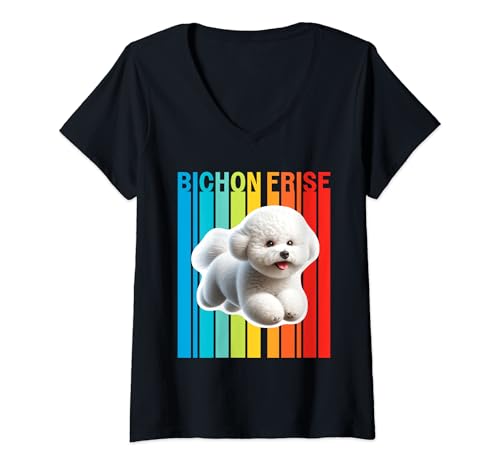Damen Bunte Bichon Frisée T-Shirt mit V-Ausschnitt Damen Bunte Bichon Frisée T-Shirt mit V-Ausschnitt von Miller Sye
