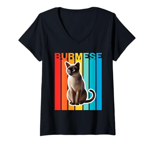 Damen Burmesische Katze, bunt T-Shirt mit V-Ausschnitt Damen Burmesische Katze, bunt T-Shirt mit V-Ausschnitt von Miller Sye