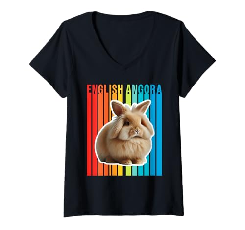Damen Englisches Angora-Kaninchen Buntes T-Shirt mit V-Ausschnitt Damen Englisches Angora-Kaninchen Buntes T-Shirt mit V-Ausschnitt von Miller Sye