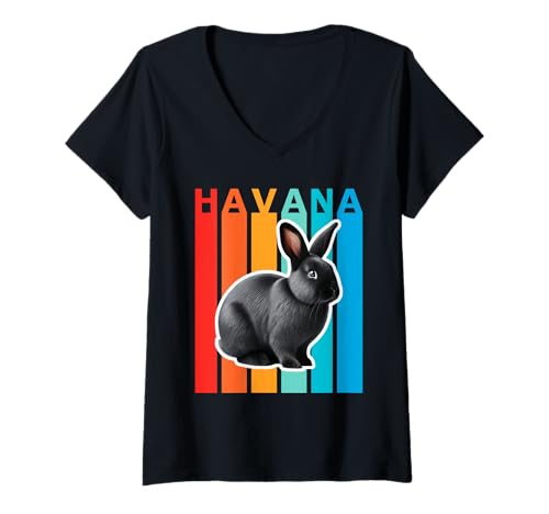 Damen Havana Rabbit Buntes Häschen T-Shirt mit V-Ausschnitt Damen Havana Rabbit Buntes Häschen T-Shirt mit V-Ausschnitt von Miller Sye