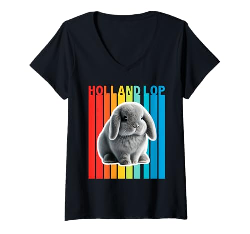 Damen Holland Lop Buntes Häschen T-Shirt mit V-Ausschnitt Damen Holland Lop Buntes Häschen T-Shirt mit V-Ausschnitt von Miller Sye