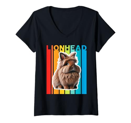 Damen Löwenkopf, Kaninchen, buntes Häschen T-Shirt mit V-Ausschnitt Damen Löwenkopf, Kaninchen, buntes Häschen T-Shirt mit V-Ausschnitt von Miller Sye