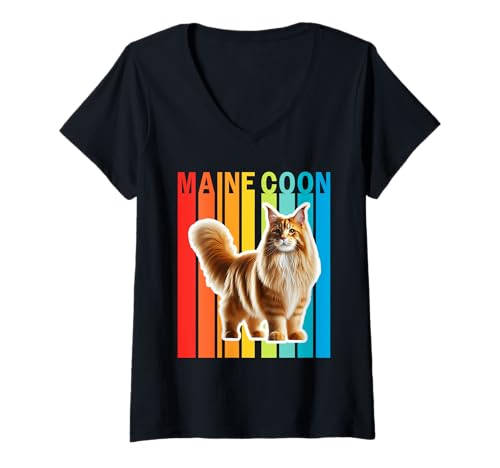 Damen Maine Coon Katze, bunt T-Shirt mit V-Ausschnitt Damen Maine Coon Katze, bunt T-Shirt mit V-Ausschnitt von Miller Sye