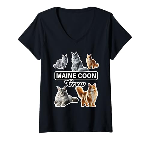 Damen Maine Coon Katzencrew T-Shirt mit V-Ausschnitt Damen Maine Coon Katzencrew T-Shirt mit V-Ausschnitt von Miller Sye