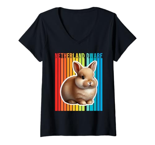 Damen Netherland Zwergkaninchen Buntes Häschen T-Shirt mit V-Ausschnitt Damen Netherland Zwergkaninchen Buntes Häschen T-Shirt mit V-Ausschnitt von Miller Sye