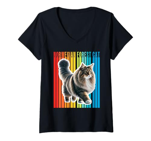 Damen Norwegische Waldkatze bunt T-Shirt mit V-Ausschnitt Damen Norwegische Waldkatze bunt T-Shirt mit V-Ausschnitt von Miller Sye