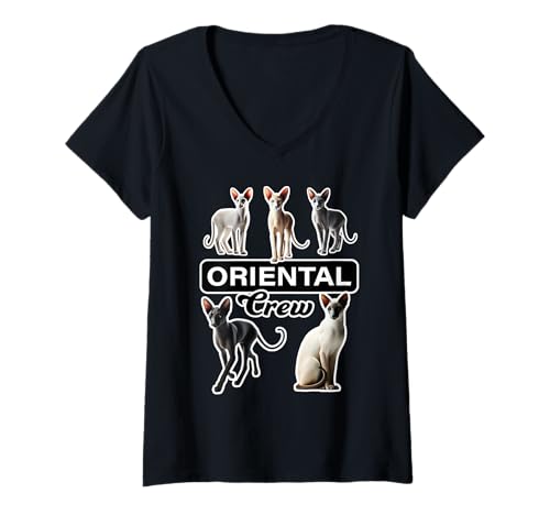 Damen Oriental Cat Crew T-Shirt mit V-Ausschnitt Damen Oriental Cat Crew T-Shirt mit V-Ausschnitt von Miller Sye