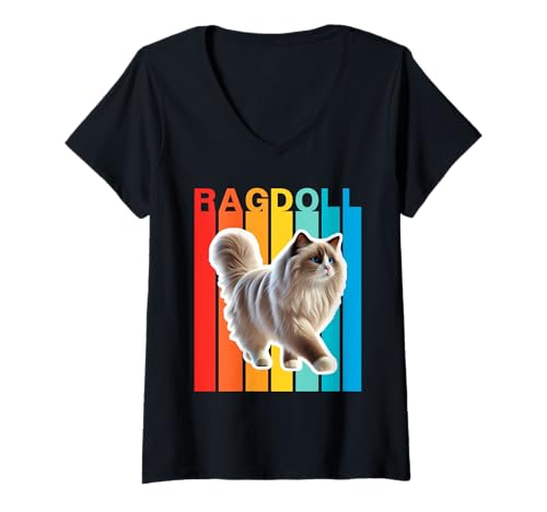 Damen Ragdoll-Katze, bunt T-Shirt mit V-Ausschnitt Damen Ragdoll-Katze, bunt T-Shirt mit V-Ausschnitt von Miller Sye