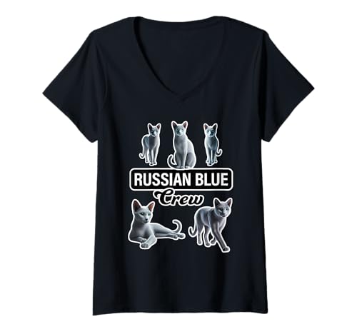 Damen Russische blaue Katze Crew T-Shirt mit V-Ausschnitt Damen Russische blaue Katze Crew T-Shirt mit V-Ausschnitt von Miller Sye