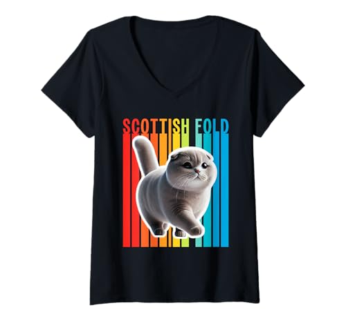 Damen Scottish Fold Cat, bunt T-Shirt mit V-Ausschnitt Damen Scottish Fold Cat, bunt T-Shirt mit V-Ausschnitt von Miller Sye
