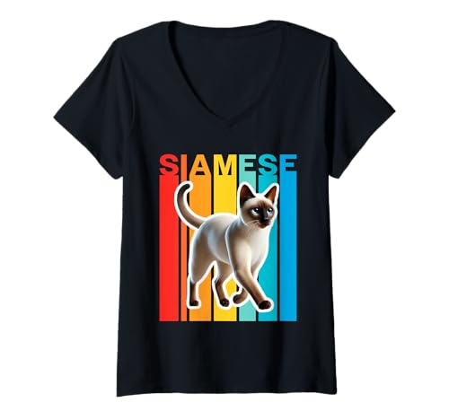 Damen Siamkatze bunt T-Shirt mit V-Ausschnitt Damen Siamkatze bunt T-Shirt mit V-Ausschnitt von Miller Sye