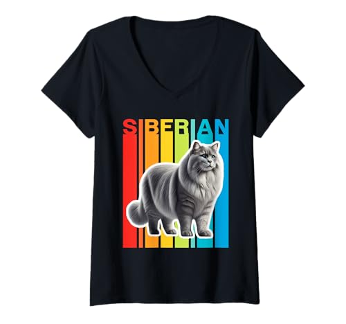 Damen Sibirische Katze, bunt T-Shirt mit V-Ausschnitt Damen Sibirische Katze, bunt T-Shirt mit V-Ausschnitt von Miller Sye