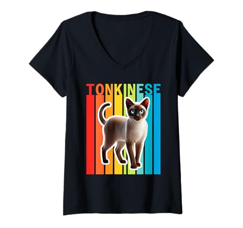 Damen Tonkinese Katze Bunt T-Shirt mit V-Ausschnitt Damen Tonkinese Katze Bunt T-Shirt mit V-Ausschnitt von Miller Sye