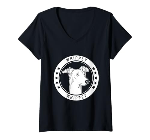 Damen Whippet Hundeporträt T-Shirt mit V-Ausschnitt Damen Whippet Hundeporträt T-Shirt mit V-Ausschnitt von Miller Sye