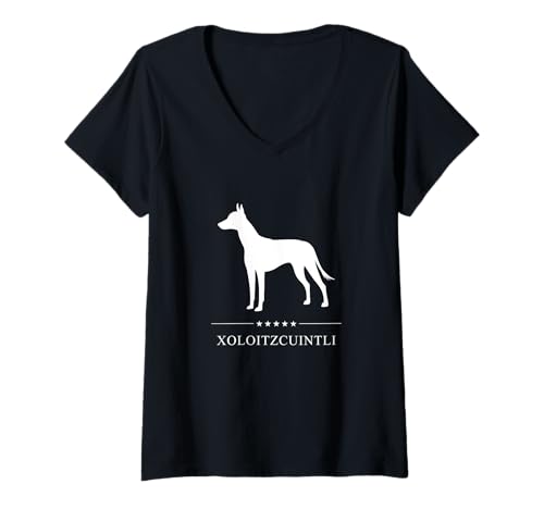 Damen Xoloitzcuintli Hund Weiße Silhouette Xolo Hund T-Shirt mit V-Ausschnitt Damen Xoloitzcuintli Hund Weiße Silhouette Xolo Hund T-Shirt mit V-Ausschnitt von Miller Sye