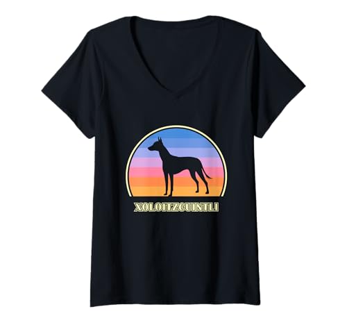 Damen Xoloitzcuintli Vintage-Hund bei Sonnenuntergang T-Shirt mit V-Ausschnitt Damen Xoloitzcuintli Vintage-Hund bei Sonnenuntergang T-Shirt mit V-Ausschnitt von Miller Sye