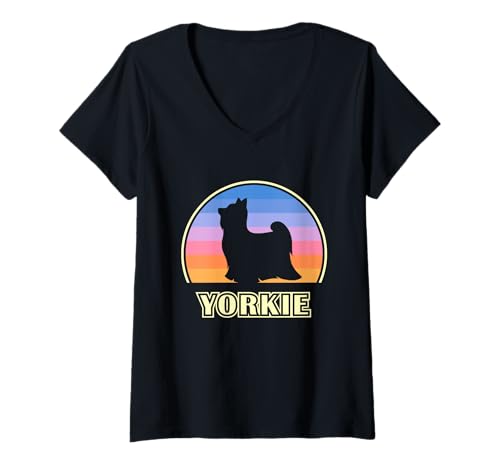 Damen Yorkie Vintage Sunset Yorkshire Terrier Hund T-Shirt mit V-Ausschnitt Damen Yorkie Vintage Sunset Yorkshire Terrier Hund T-Shirt mit V-Ausschnitt von Miller Sye