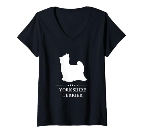 Damen Yorkshire Terrier Hund, weiße Silhouette, Yorkie-Hund T-Shirt mit V-Ausschnitt Damen Yorkshire Terrier Hund, weiße Silhouette, Yorkie-Hund T-Shirt mit V-Ausschnitt von Miller Sye