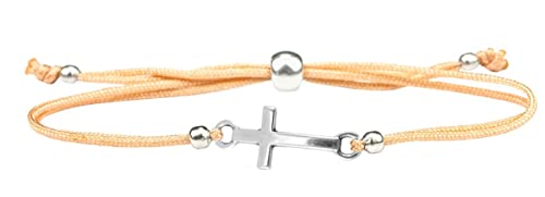 Milosa Armband Pfirsich mit Silber Kreuz | Konfirmations-Armband mit größenverstellbarem Textil-Band, Geschenk für Kinder zur Firmung, Kommunion, Erstkommunion, handgemachtes Kreuz-Armband von Milosa