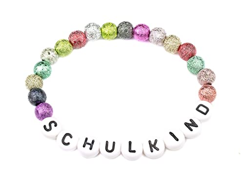 Milosa Kinder-Armband | Armband für Mädchen, Perlenarmband mit Schulkind Aufschrift, Stretcharmband mit bunten Perlen, Geschenk für Einschulung und Schultüte, Kinderarmband von Milosa