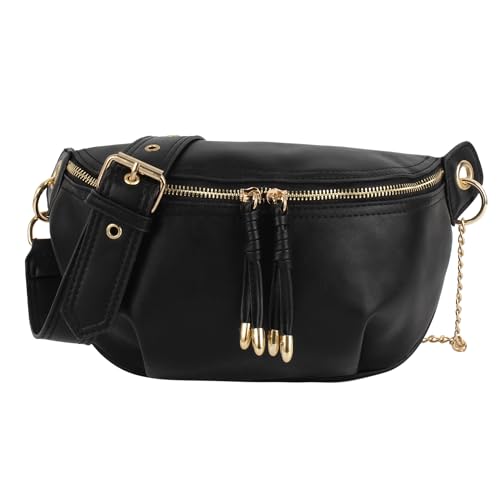 MilyaDE Bauchtasche Hüfttasche Crossbody Bag Damen Stylisch Schultertasche Umhängetasche PU Leder mit Ketten Gurt, Schwarz von MilyaDE