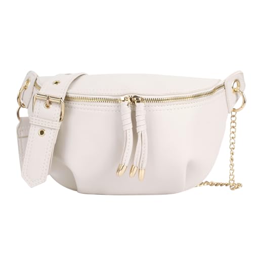 MilyaDE Bauchtasche Hüfttasche Crossbody Bag Damen Stylisch Schultertasche Umhängetasche PU Leder mit Ketten Gurt, Weiß von MilyaDE