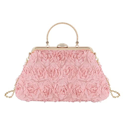 MilyaDE Damen Clutch Blumen Elegante Brauttasche Hochzeit Party Kleidertasche Abendtasche Handtasche mit Kette Handgriff Kiss Lock, Rosa von MilyaDE